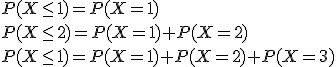 P(X\le1)=P(X=1)\\ P(X\le2)=P(X=1)+P(X=2)\\ P(X\le1)=P(X=1)+P(X=2)+P(X=3)